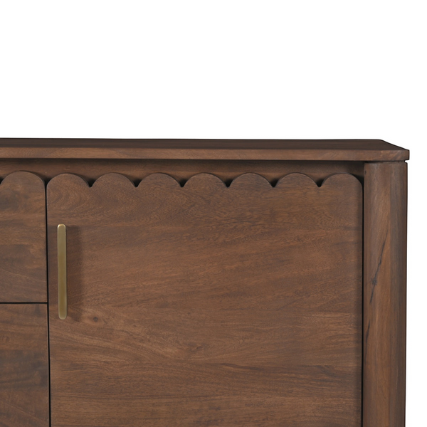 deKor Modern Shaker Sideboard in dark wood with scalloped edge detail and a sleek brass handle
