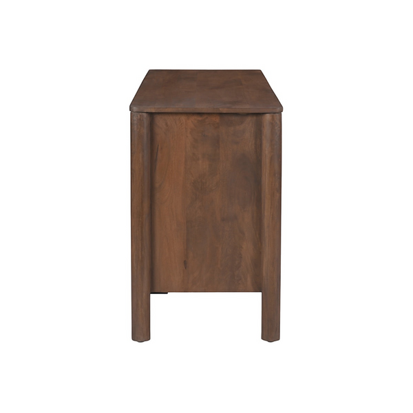 Side view of the deKor Modern Shaker Sideboard in dark wood with post legs and a smooth finish.