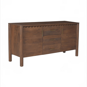 deKor Modern Shaker Sideboard in dark wood with scalloped edge detailing, three central drawers, and brass handles.
