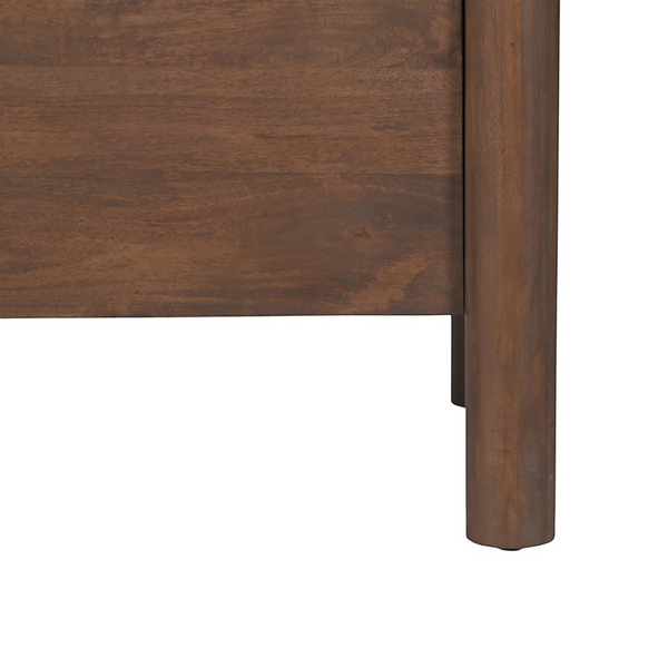 deKor Modern Shaker Sideboard featuring dark wood grain, sleek geometric curves, and a sturdy cylindrical post leg.