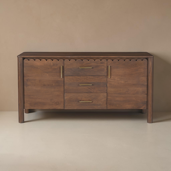 deKor Modern Shaker Sideboard in dark wood with scalloped edge detailing and elegant brass handles.