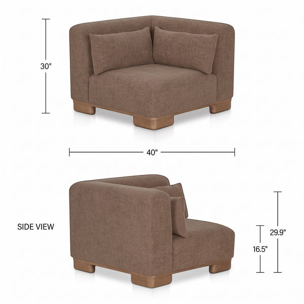 deKor modular corner chair in dark brown fabric with oak veneer legs and lumbar cushions, showing dimensions.