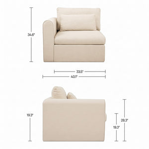deKor modular left-arm facing chair in light beige performance polyester with dimensions and side profile view.