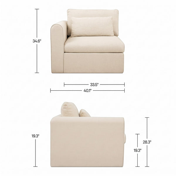 deKor modular left-arm facing chair in light beige performance polyester with dimensions and side profile view.