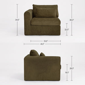 deKor modular left-arm facing chair in dark green performance polyester with dimensions shown on white background