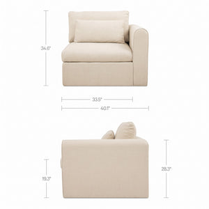 deKor modular right-arm facing chair in light beige performance polyester with dimensions and side profile view