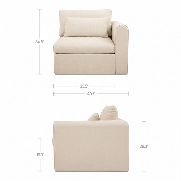 deKor modular right-arm facing chair in light beige performance polyester with dimensions and side profile view