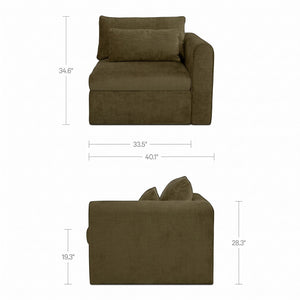 deKor modular right-arm facing chair in dark green performance polyester with dimensions shown on white background