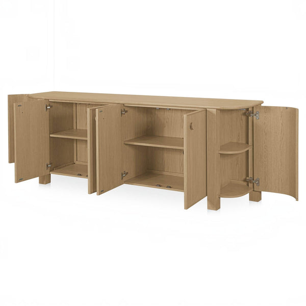 deKor natural oak sideboard with curved corners and four open doors revealing interior shelving and storage space.