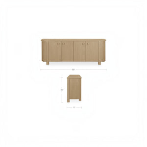 deKor natural oak sideboard with four doors, curved corners, and dimensions shown in a front and side view diagram.