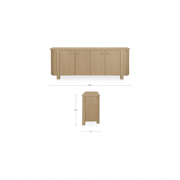 deKor natural oak sideboard with four doors, curved corners, and dimensions shown in a front and side view diagram.