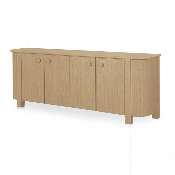 deKor natural oak veneer sideboard with four doors, curved corners, and solid wood legs in a modern vintage style.