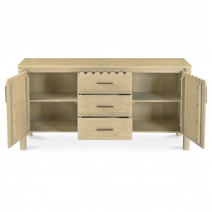 deKor natural wood sideboard featuring scalloped edge details, three central drawers, and open side storage cabinets.