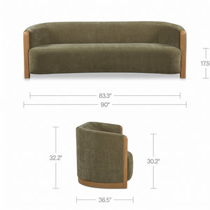 deKor olive chenille curved sofa with solid oak armrests and legs, shown with front and side dimension views.