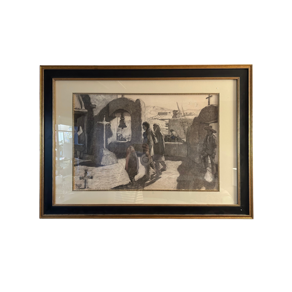 deKor framed charcoal drawing Pueblo Church by Hernando Villa featuring figures in a desert mission setting
