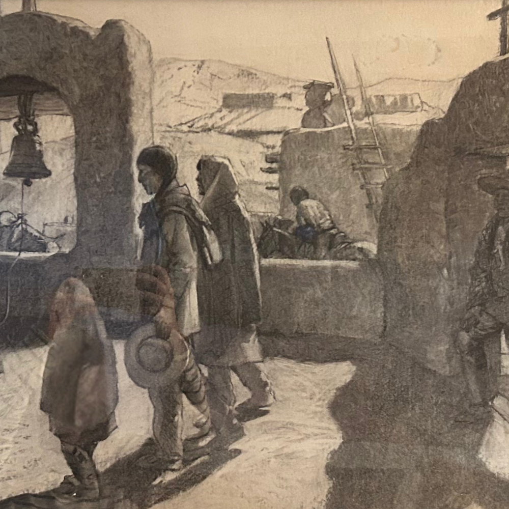 deKor framed charcoal drawing Pueblo Church by Hernando Villa featuring figures in a desert mission setting