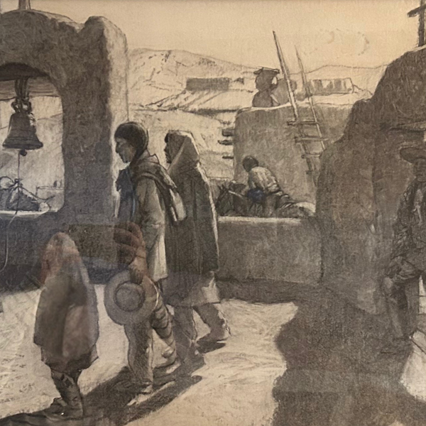 deKor Pueblo Church charcoal drawing by Hernando Villa featuring figures near a mission bell and adobe architecture
