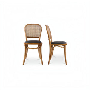 deKor rattan dining chairs with natural wood frames and dark upholstered seats in front and side profile views