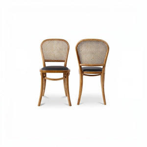 deKor set of two bohemian rattan dining chairs with natural wood frames and dark polyurethane seats