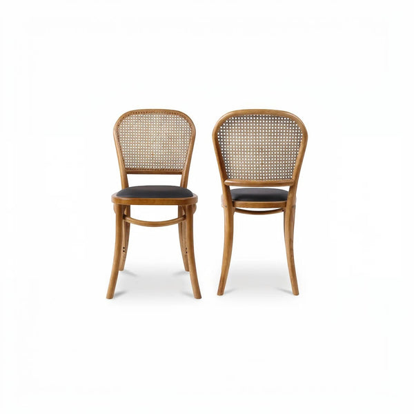 deKor set of two bohemian rattan dining chairs with natural wood frames and dark polyurethane seats
