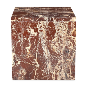 deKor Rosso Levanto marble accent table featuring a waterfall design with vibrant red stone and striking gold veining.