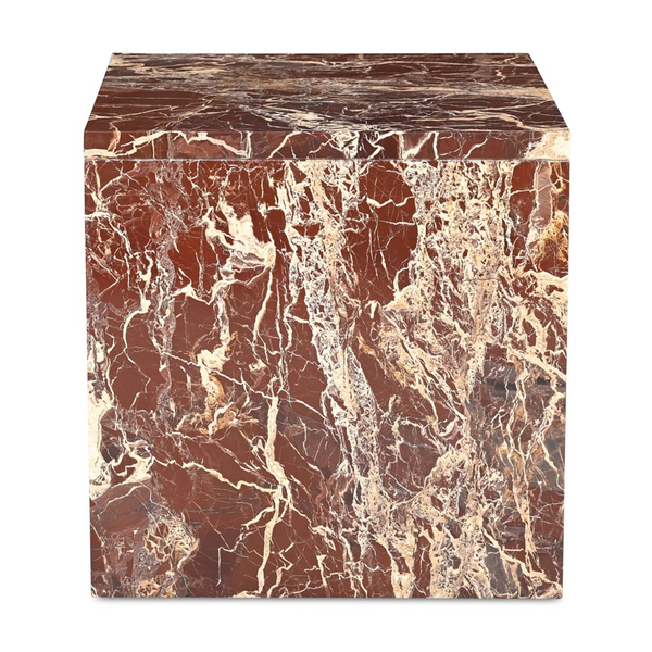 deKor Rosso Levanto marble accent table featuring a waterfall design with vibrant red stone and striking gold veining.