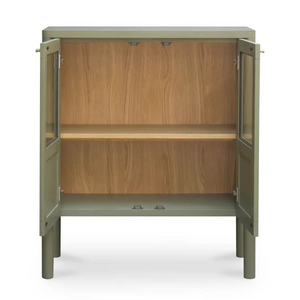 deKor sage green cabinet with glass doors, solid pine frame, and natural wood interior shelving
