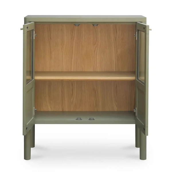 deKor sage green cabinet with glass doors, solid pine frame, and natural wood interior shelving
