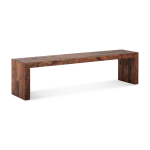 deKor salvaged large bench in light brown solid pine with a rustic finish and unique wood grain details.