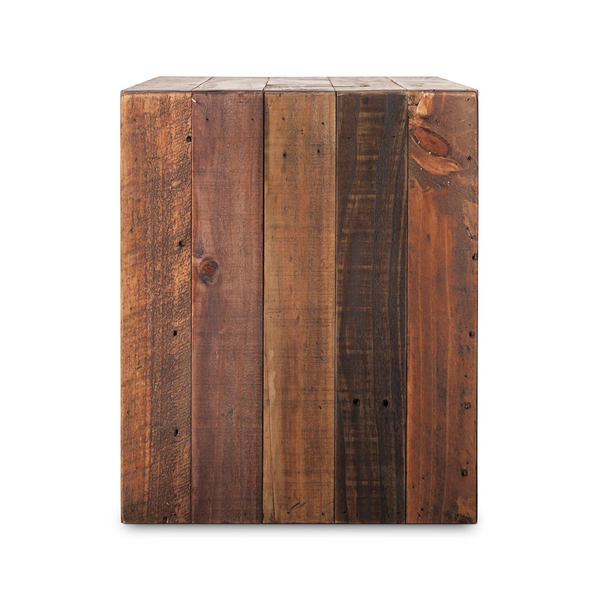 deKor salvaged large bench in light brown solid pine with rustic wood grain and unique stained finish