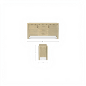 deKor natural wood sideboard with scalloped edges, three drawers, and iron handles, shown with front and side views.