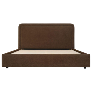 deKor Simon storage bed in brown fabric with a rounded headboard and piped detailing, front view.