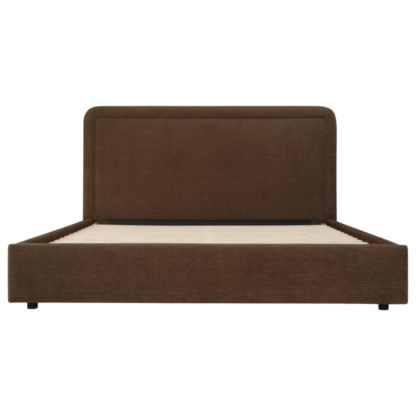 deKor Simon storage bed in brown fabric with a rounded headboard and piped detailing, front view.