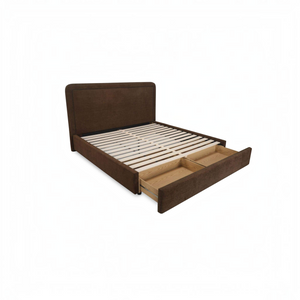 deKor Simon storage bed in brown fabric with a rounded headboard, piped detailing, and a pull-out footboard drawer.