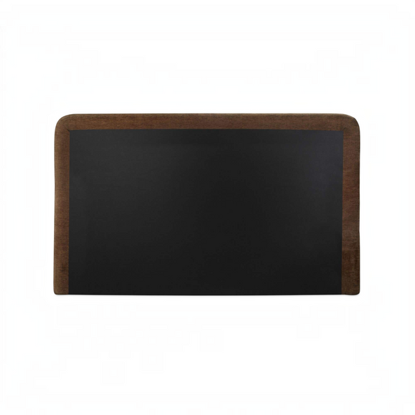 deKor Simon Storage Bed headboard with a rounded silhouette, dark center panel, and brown piped fabric border.