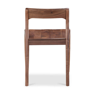 deKor solid walnut dining chair with a mid-century modern curved open-back design in a rich brown wood finish.