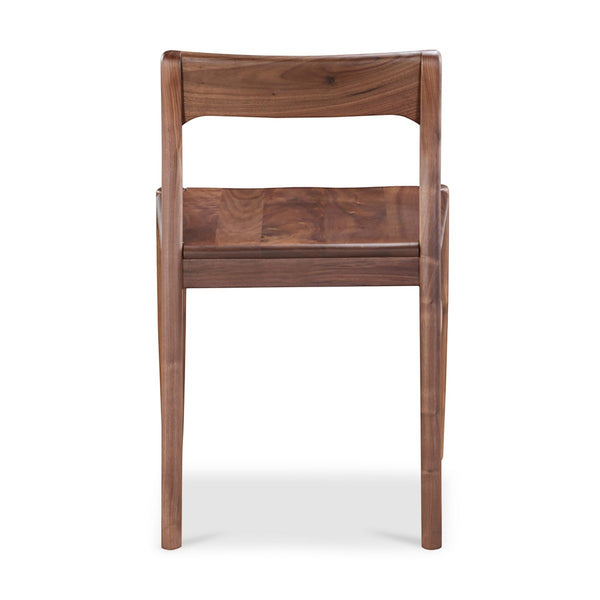 deKor solid walnut dining chair with a mid-century modern curved open-back design in a rich brown wood finish.