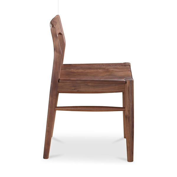 deKor solid walnut dining chair in brown with a curved open-back mid-century silhouette, side view