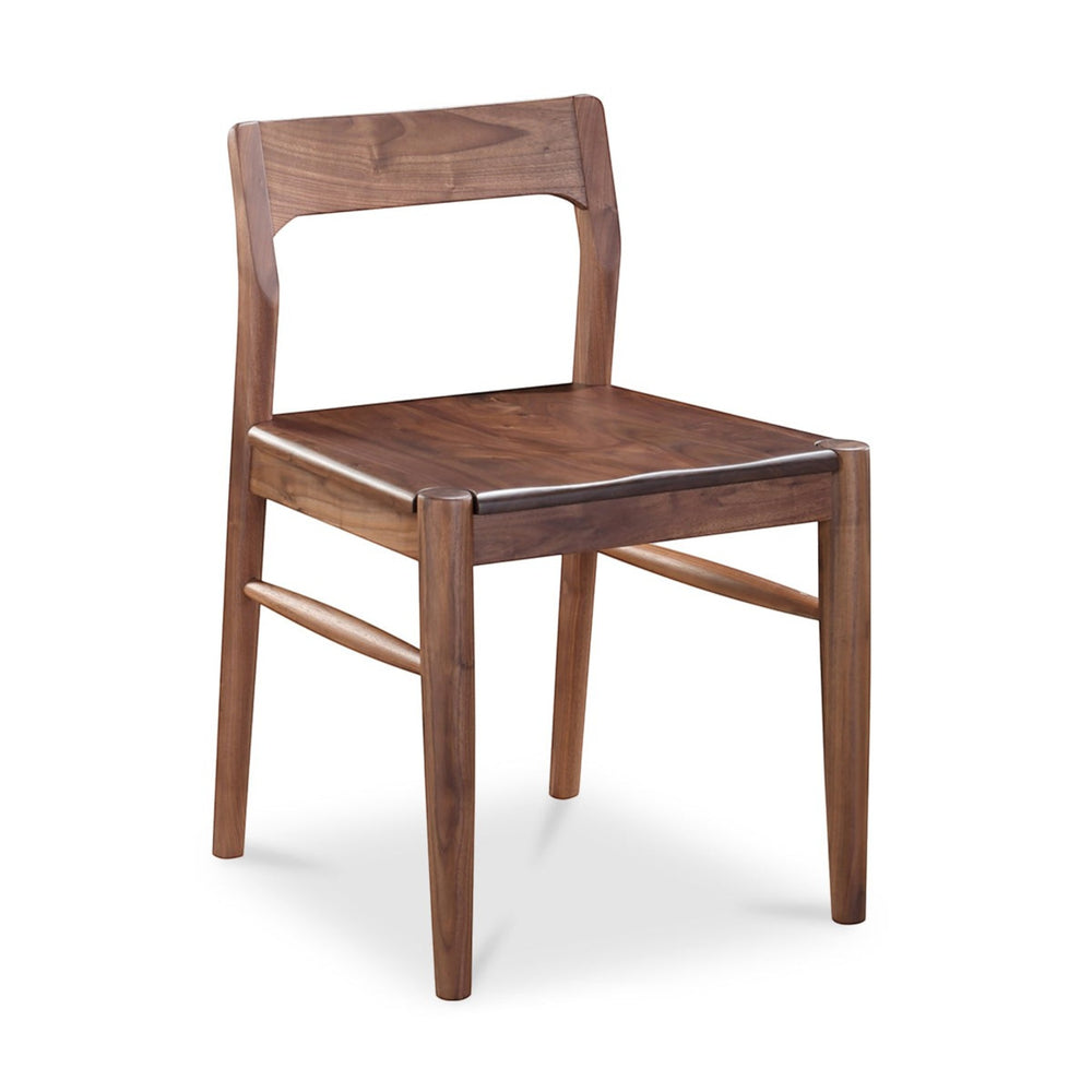deKor set of two solid walnut dining chairs featuring a mid-century modern curved open-back design in walnut brown.