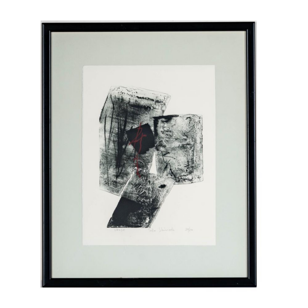 deKor framed abstract sumi ink print Verse by Toko Shinoda featuring black brushstrokes and a red accent line