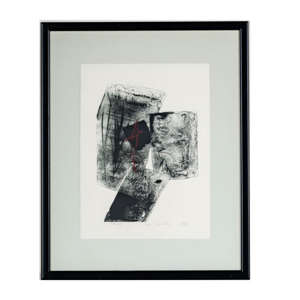 deKor framed abstract sumi ink print Verse by Toko Shinoda featuring black brushstrokes and a red accent line