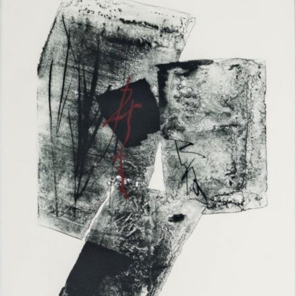 deKor Toko Shinoda Verse abstract sumi ink print featuring black textured brushstrokes and a thin red line accent