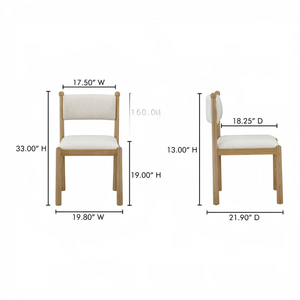deKor Villetta dining chair set of two with striped fabric upholstery and warm stained wood frame, dimension diagram.