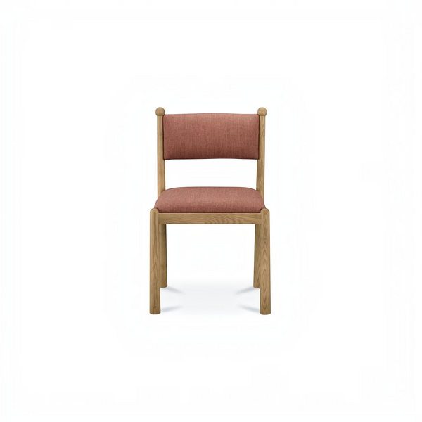 deKor Villetta dining chair with a warm stained wood frame and dusty rose fabric upholstery in a vintage style