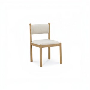 deKor Villetta dining chair featuring a warm stained wood frame and cream striped upholstered seat and backrest.
