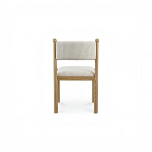 deKor Villetta dining chair set featuring a warm stained wood frame and cream striped upholstered seat and backrest.