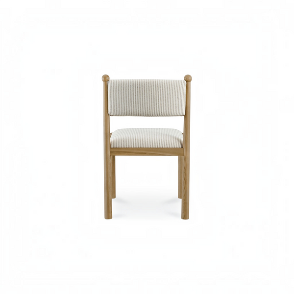 deKor Villetta dining chair set featuring a warm stained wood frame and cream striped upholstered seat and backrest.
