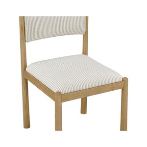 deKor Villetta dining chair featuring a warm stained wood frame and cream and grey striped upholstered seat and back