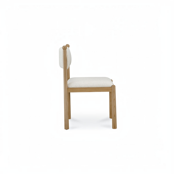 deKor Villetta dining chair in a side view featuring a striped upholstered seat and warm stained wooden frame.