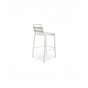 deKor white slatted steel outdoor bar stool with a modern minimalist design viewed from the back